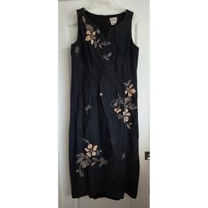 Coldwater‎ Creek Black Linen Silk Floral Embroidered Sleeveless Maxi Dress Sz 16